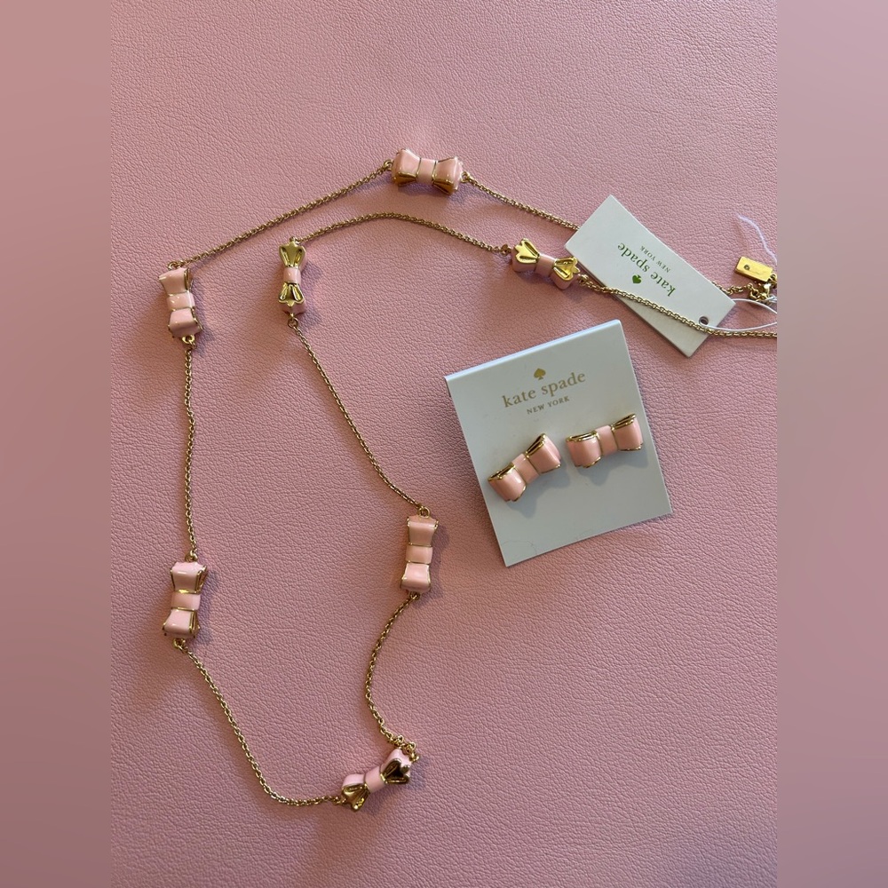 Kate spade bow earrings and necklace set pink and gold enamel